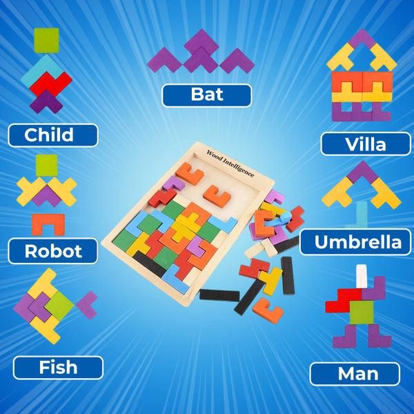 Colorful wooden puzzle with labeled shapes on a blue background