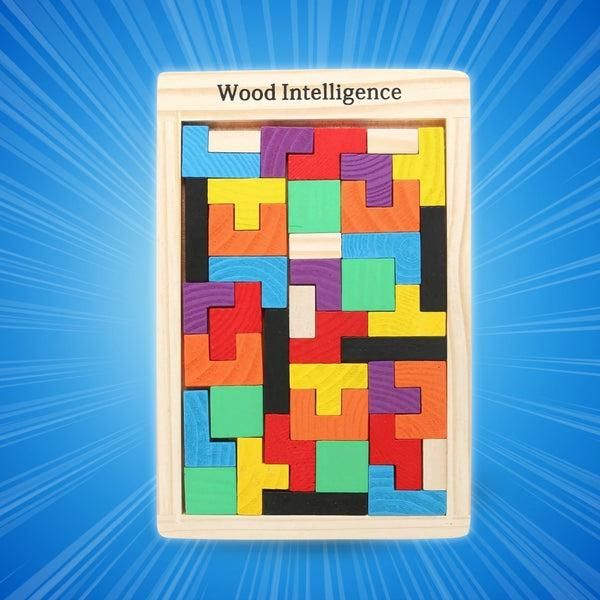 Colorful wooden puzzle with 'Wood Intelligence' branding on a blue background