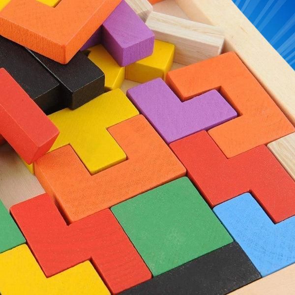 Colorful wooden blocks arranged in a pattern on a wooden base
