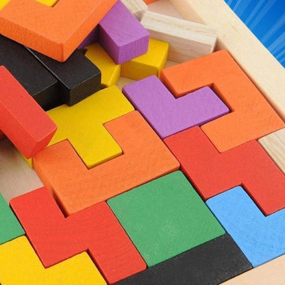 Colorful wooden blocks arranged in a pattern on a wooden base