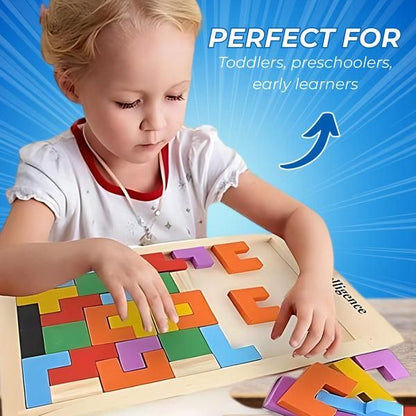 Child playing with a colorful puzzle toy, with text indicating it's perfect for toddlers and preschoolers.
