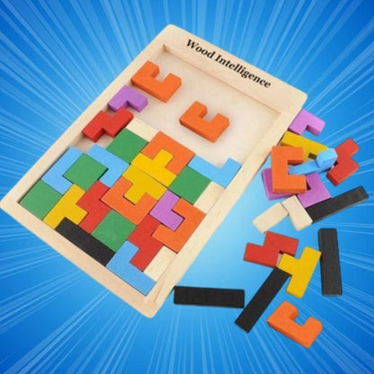 Wooden puzzle with colorful pieces on a blue background